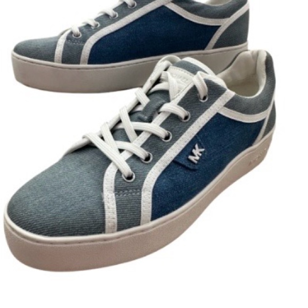 Michael Kors Denim Platform Sneakers Blue White MK Lace Up Casual Shoes 8